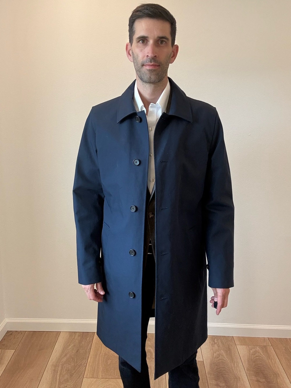 Brooks Brothers Bonded Cotton Mac Rain Coat Medium Navy Blue Car Coat Trench